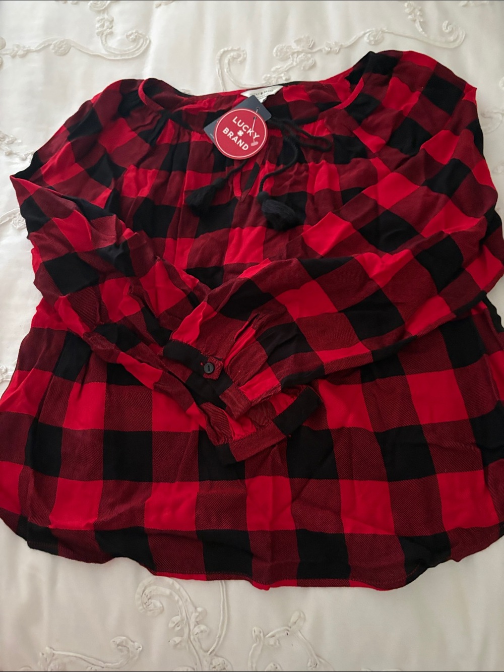 Lucky Brand Red & Black Buffalo Plaid Peasant Blouse